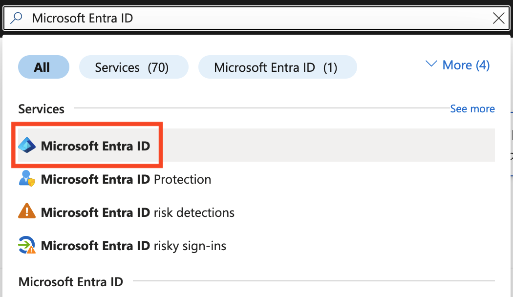 Azure portal search bar with Microsoft Entra ID selected