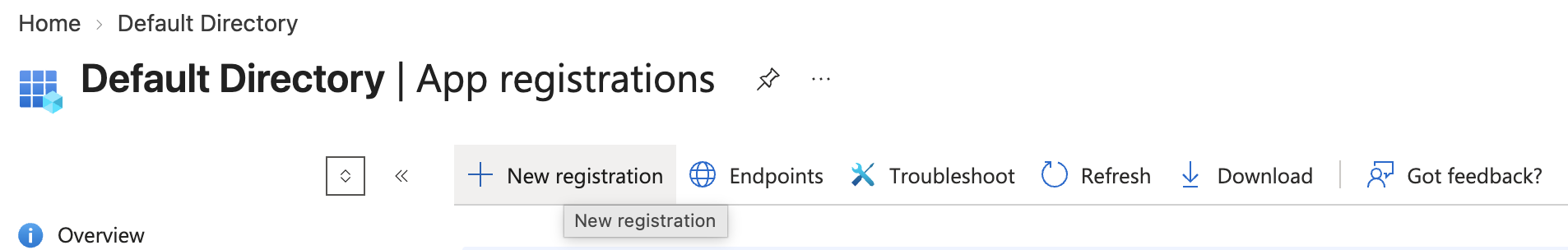 Manage expanded in the left-hand menu, App registrations selected, New registration highlighted