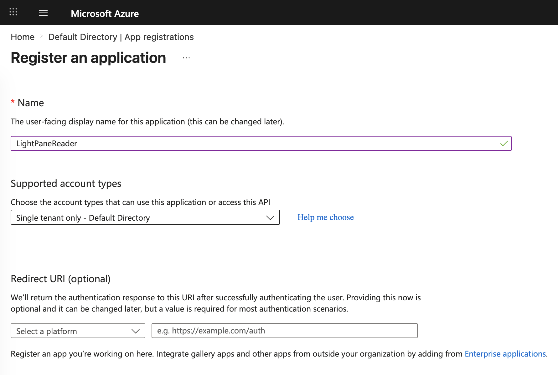 App registration form with Name, supported account types, and the Register button