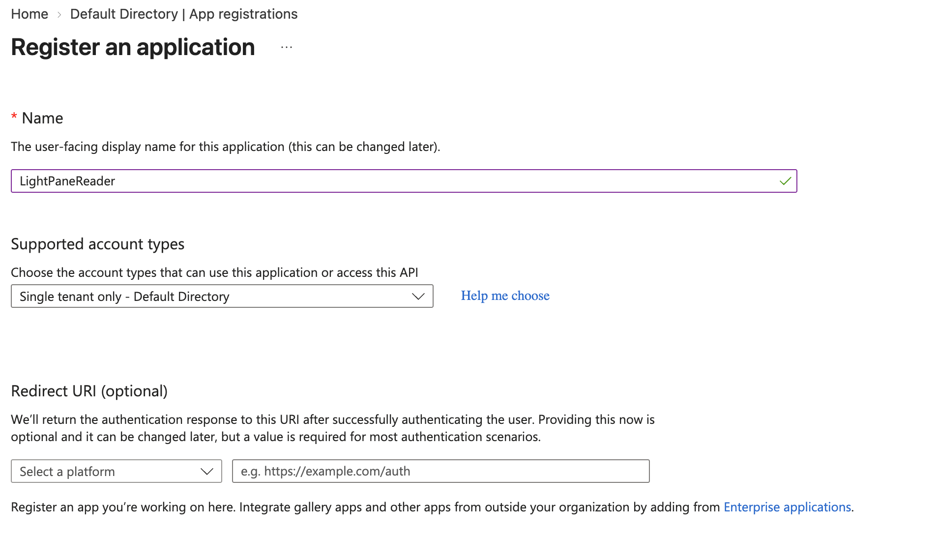 Register an application form with the name, single-tenant option and Register button
