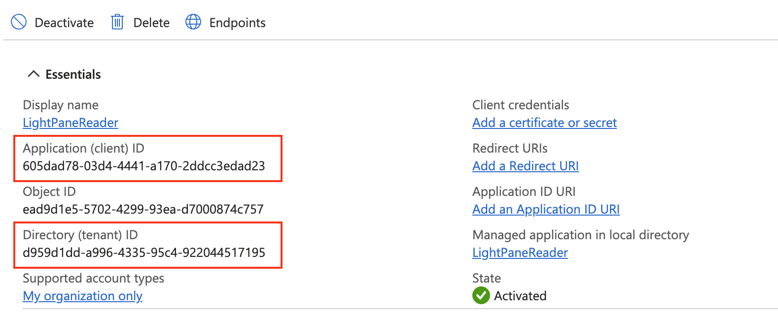 Overview page with Application (client) ID and Directory (tenant) ID highlighted
