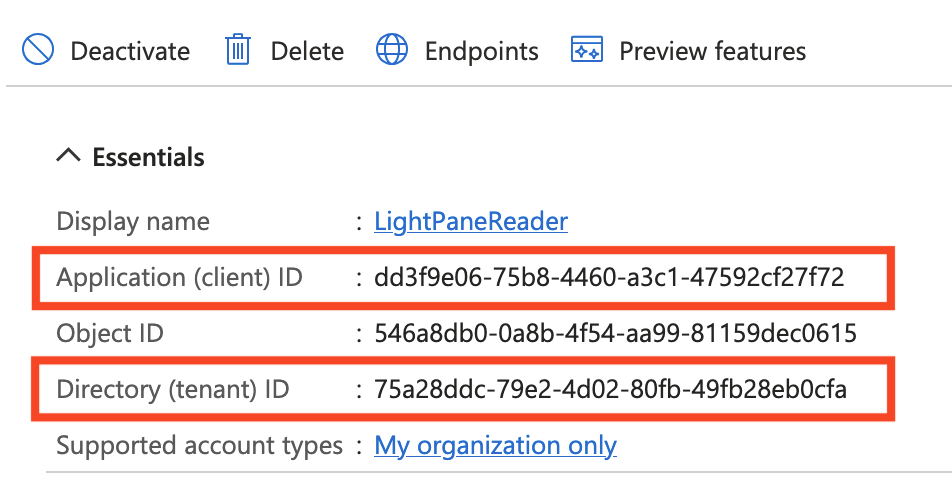 Overview Page with Application and Directory ID highlighted