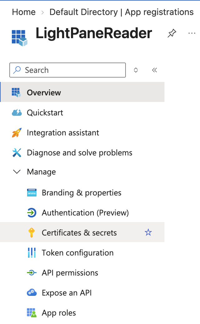 App registration left-hand menu with Manage expanded and Certificates and secrets selected
