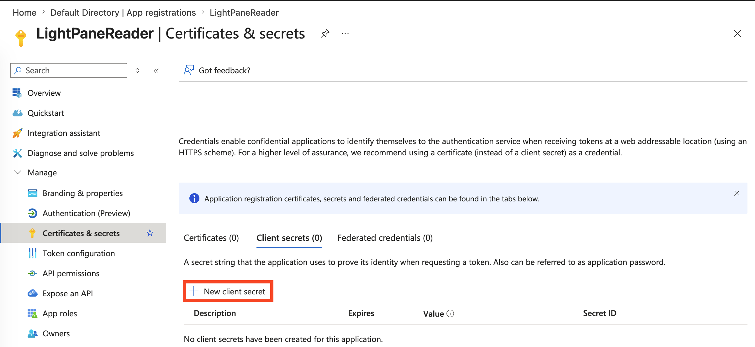Certificates & secrets page with New client secret button highlighted