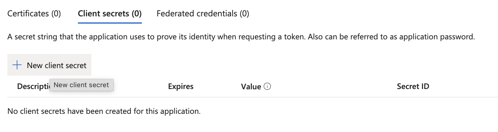 Certificates & secrets page with New client secret highlighted