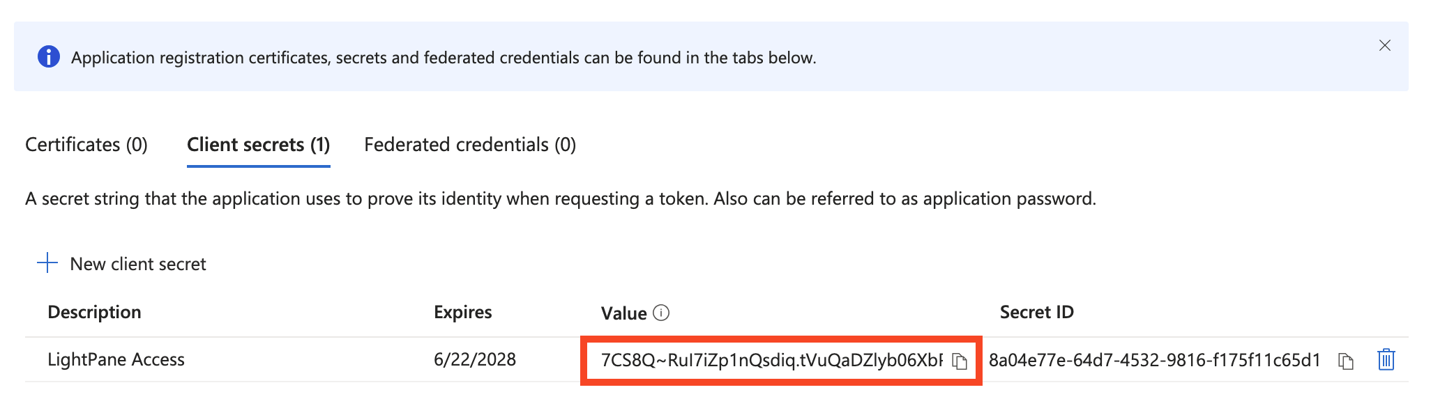 Client secret created, Value column highlighted with the copy icon