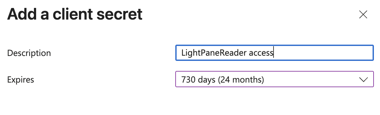 Add a client secret panel with Description and Expires set