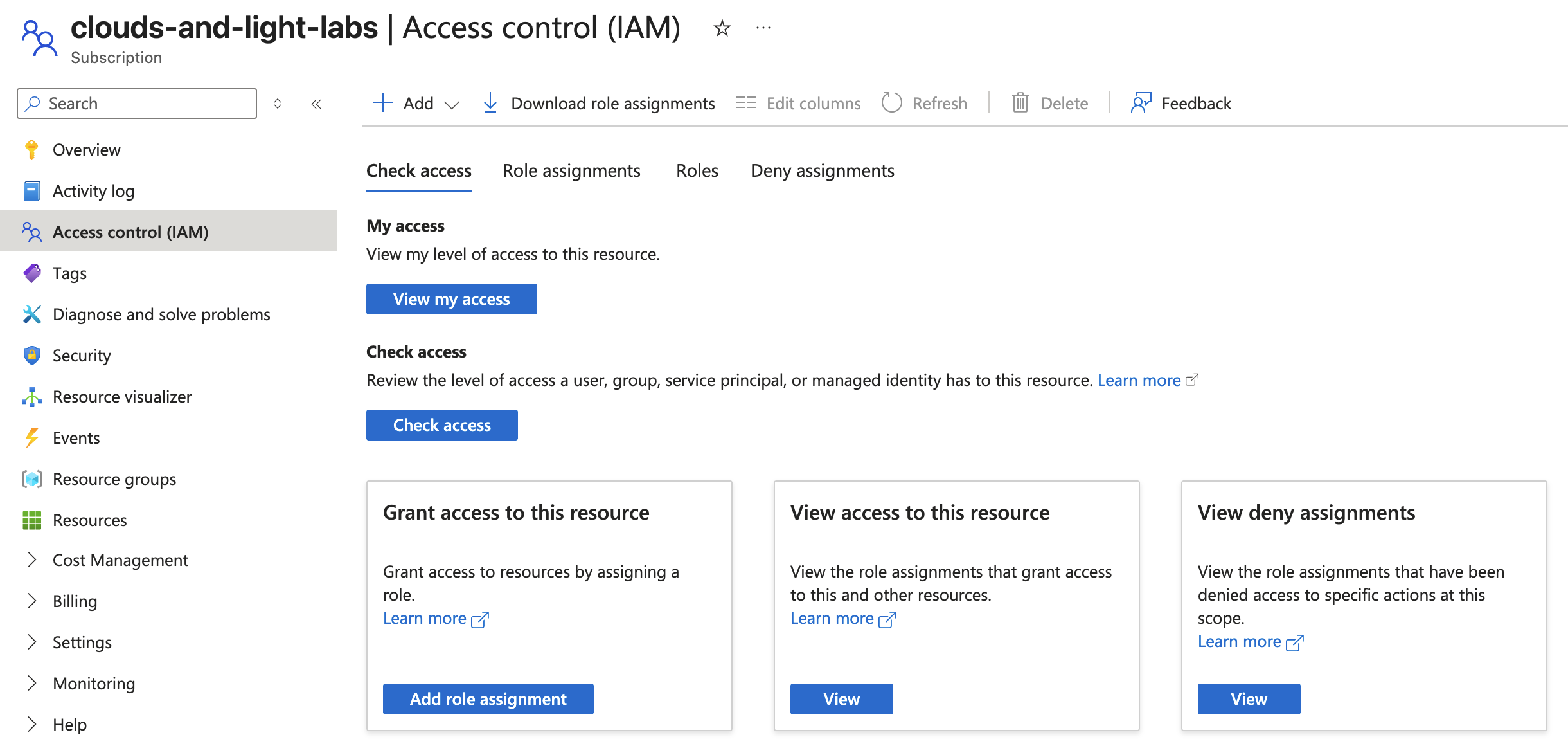 Subscription Access control (IAM) page
