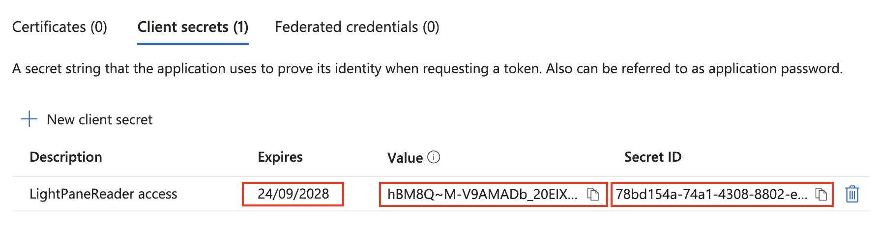 New client secret row with the Value, Secret ID and Expires columns highlighted