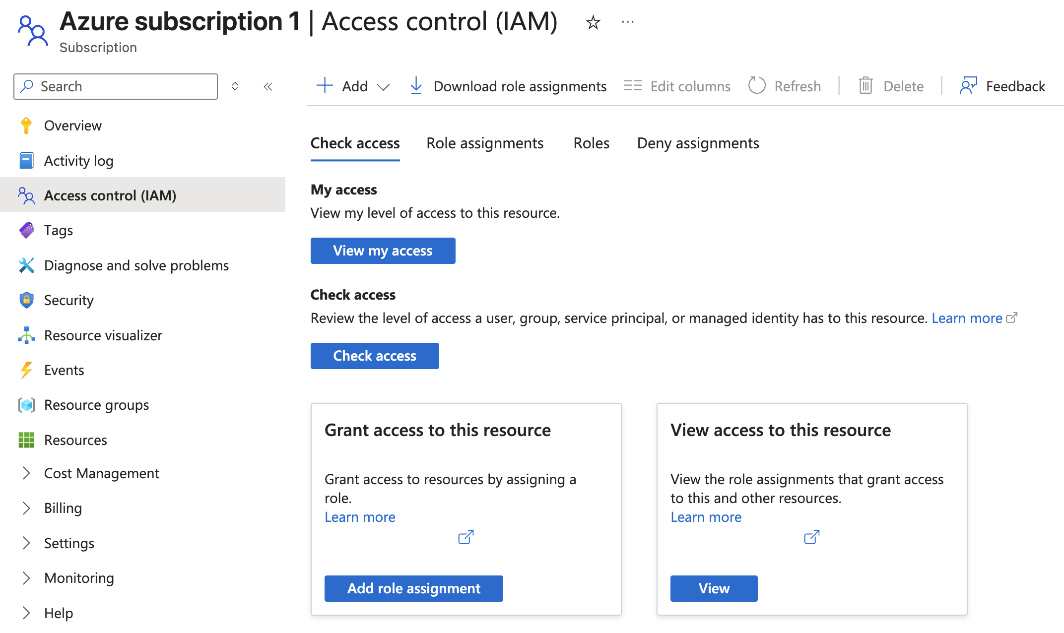 Subscription Access control (IAM) page