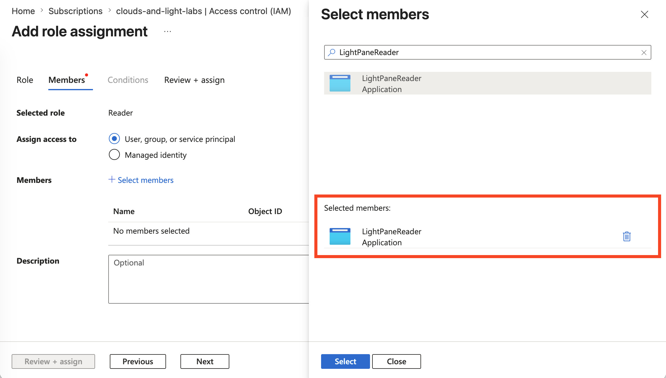 Member selection panel with LightPaneReader selected