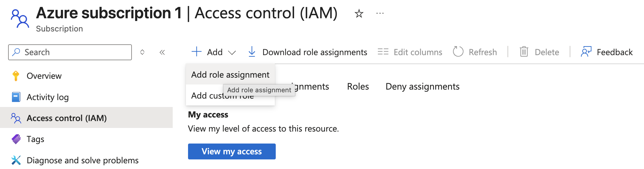 Add, Add role assignment menu opened