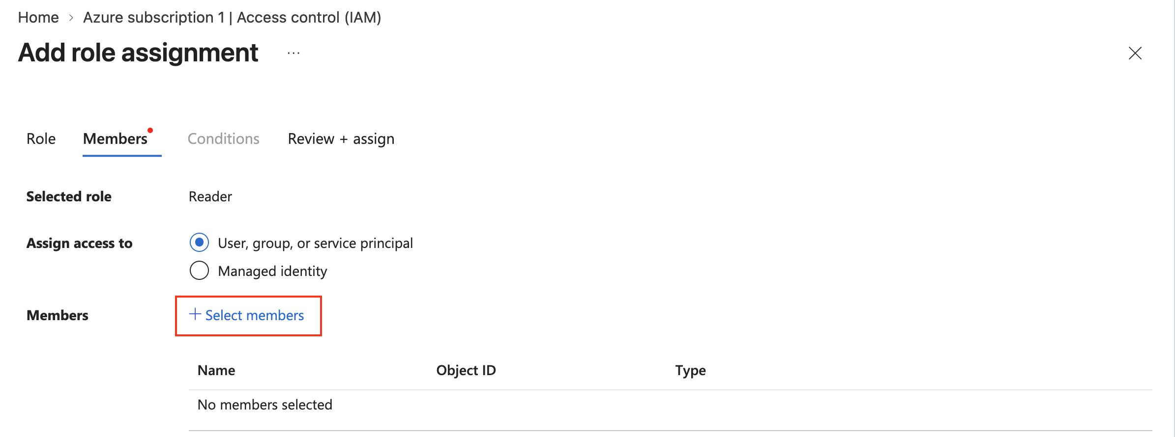 Members tab with Assign access to set to User, group, or service principal