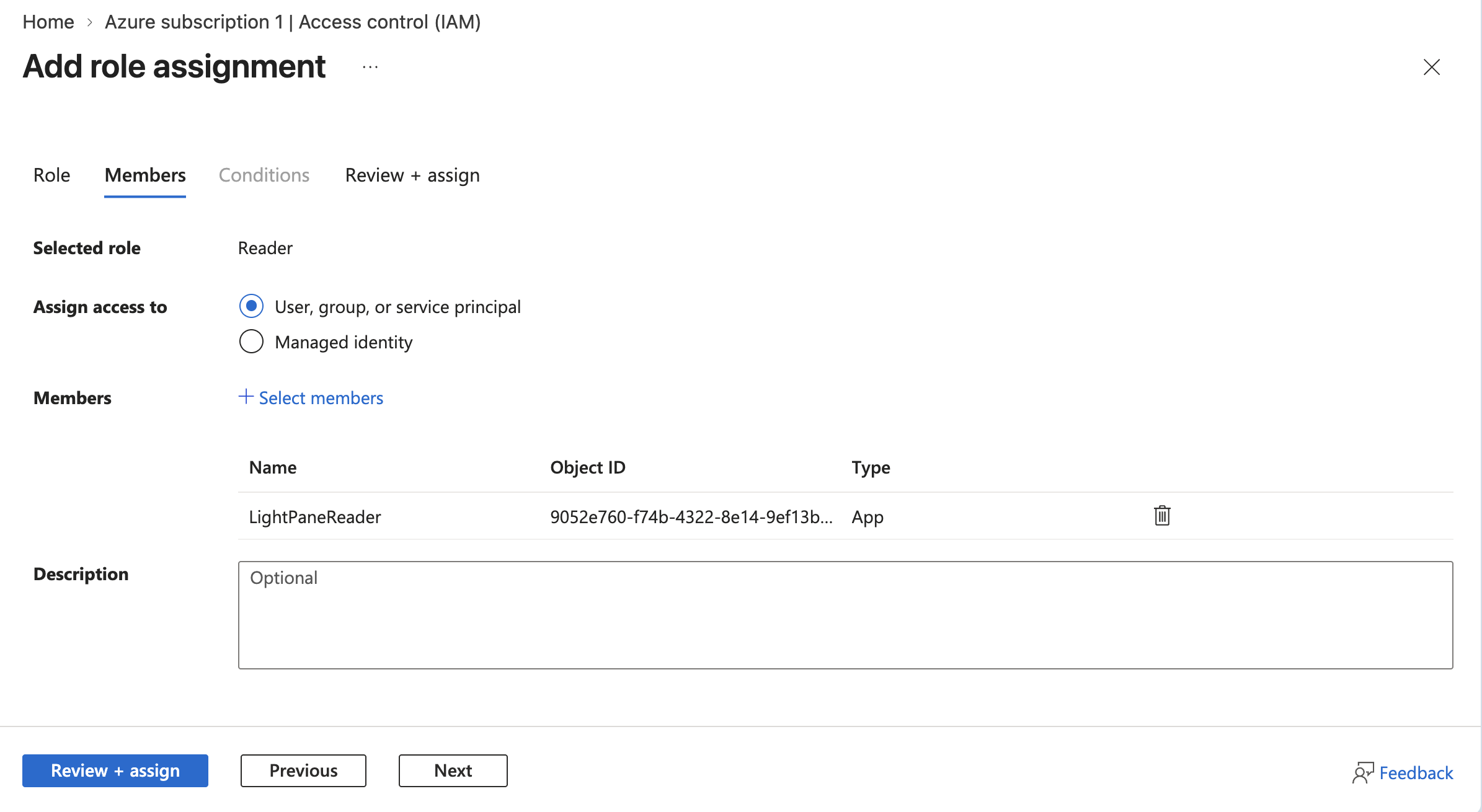 Members tab showing LightPaneReader before Review and assign