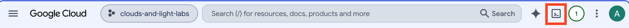 GCP Console Menu Bar with the Cloud Shell Highlighted