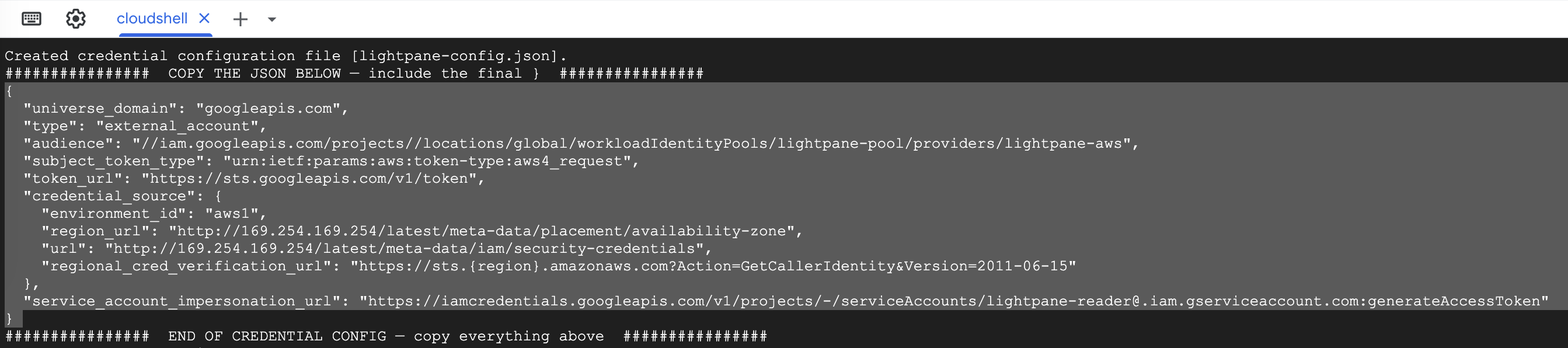GCP The GCP Script Output with the JSON highlighted