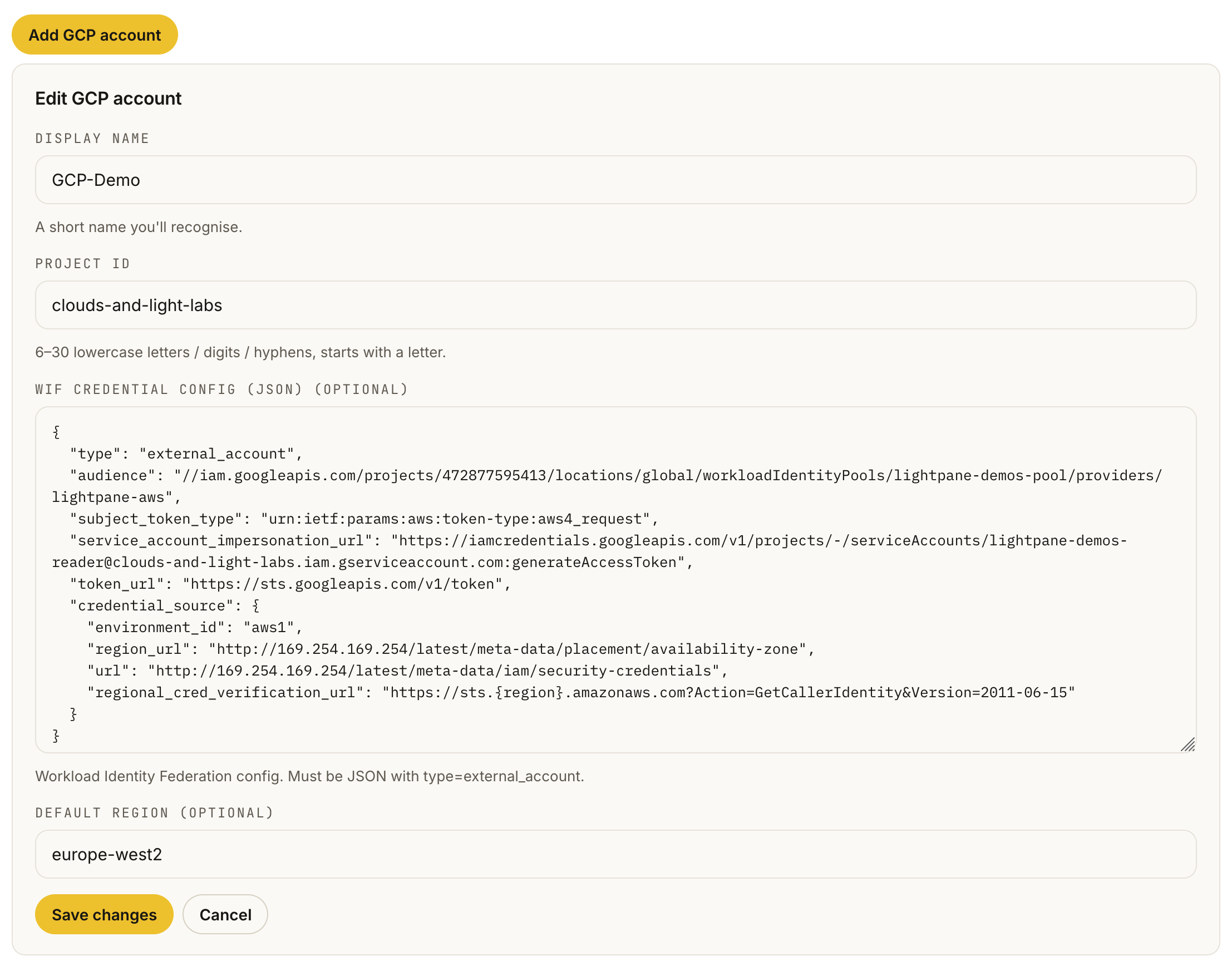 LightPane dialogue with Project ID, pasted JSON config, and default region all filled in