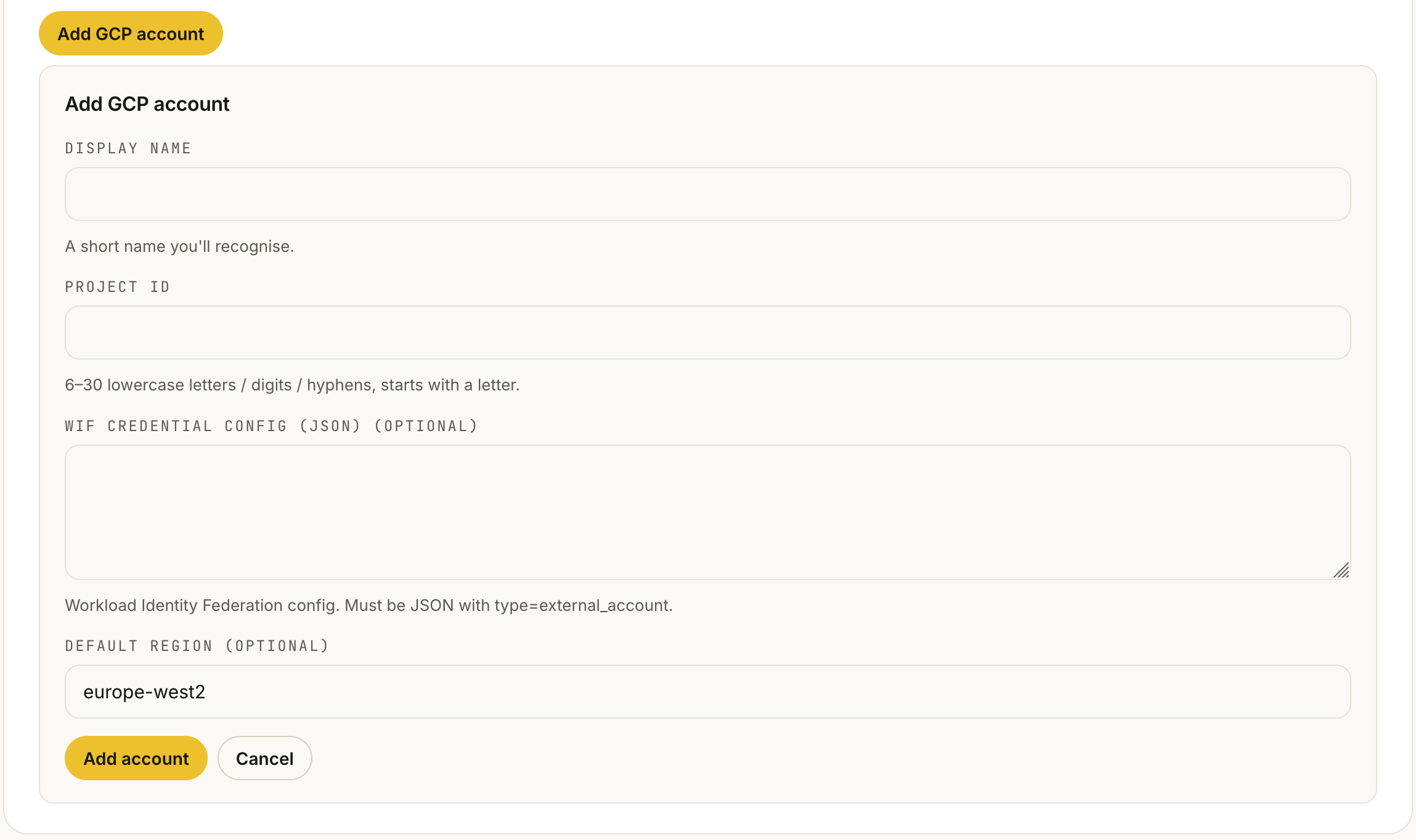 LightPane Cloud accounts page with the GCP tab and the Link new GCP project dialogue open, showing the setup script and the two empty input fields