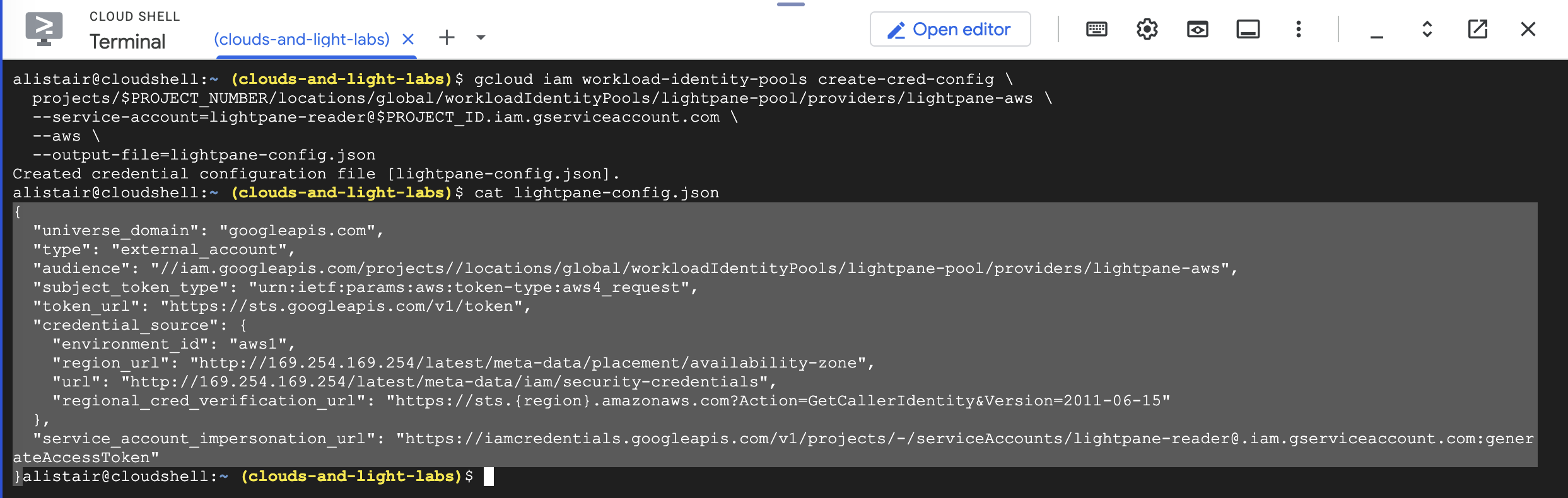GCP The GCP Script Output with the JSON highlighted